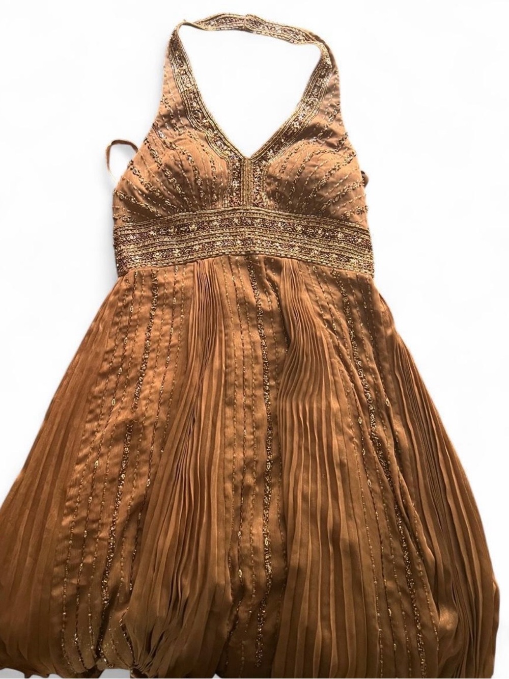 Elegant Halter Pleated Evening Dress in Copper Brown